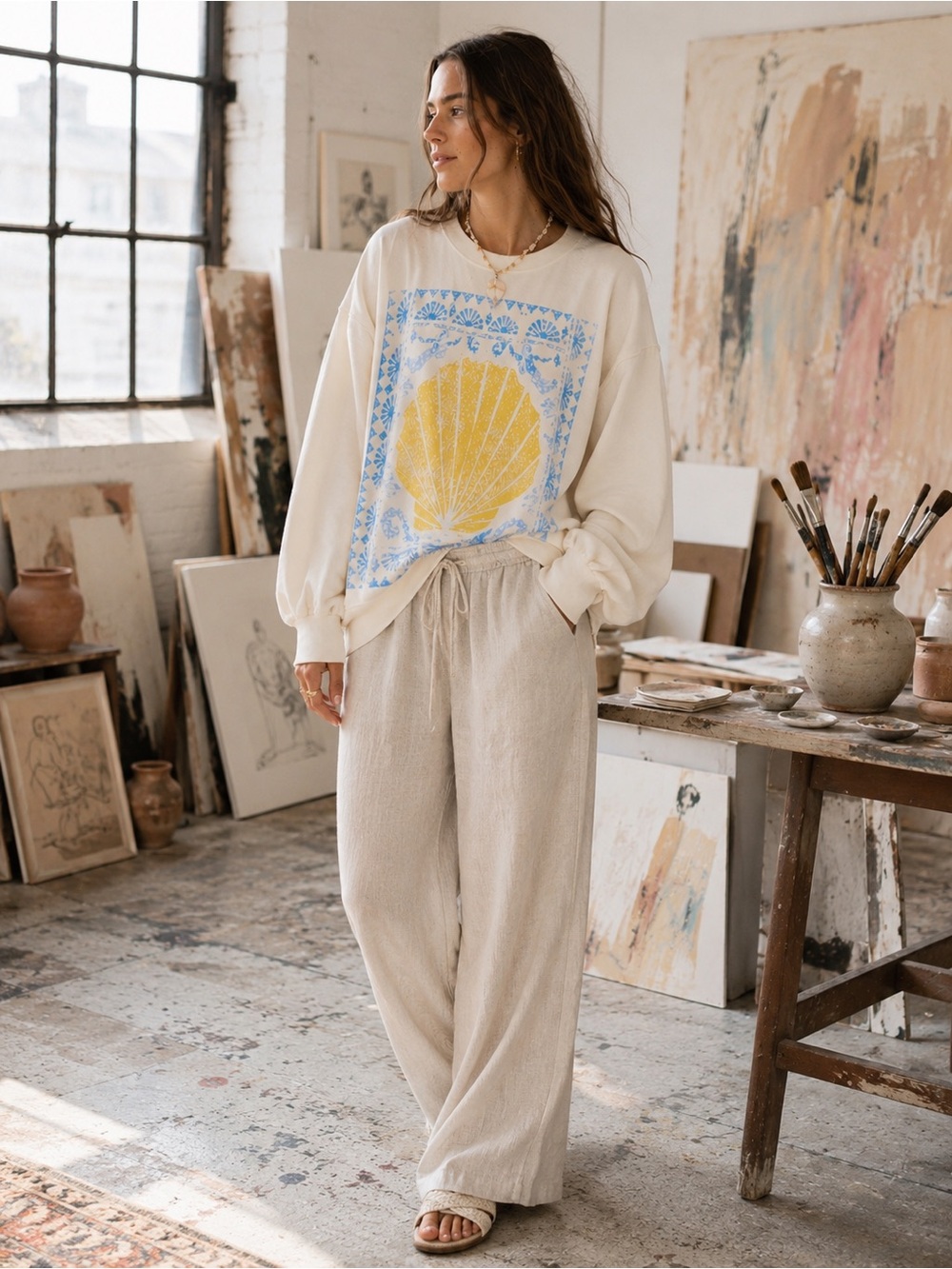 Free People Camden Shell Graphic Slouchy Pullover Sweatshirt NWT Medium PTP 38 - Picture 4 of 6
